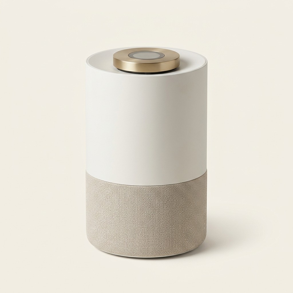 The Quiet Room Air Purifier, a cylindrical unit with a matte white top half, woven oatmeal fabric lower half and a brushed brass control dial