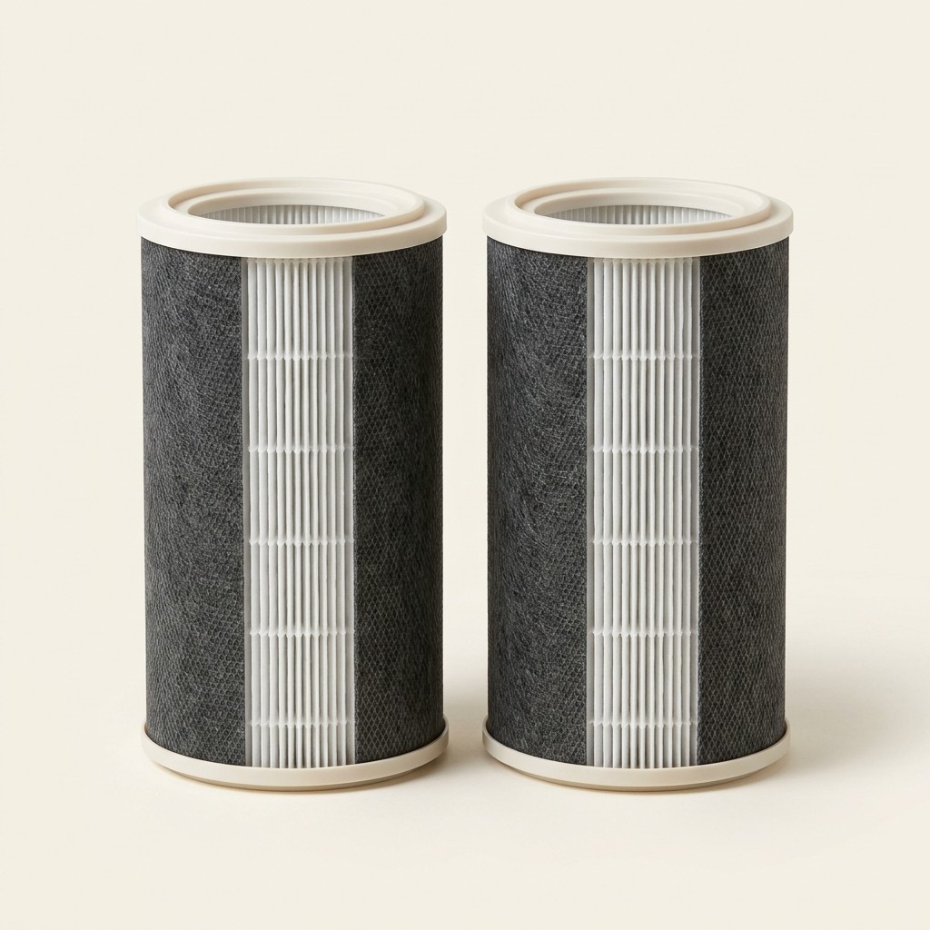 Two cylindrical replacement filters with pleated white HEPA paper and a charcoal grey activated carbon outer layer, standing side by side
