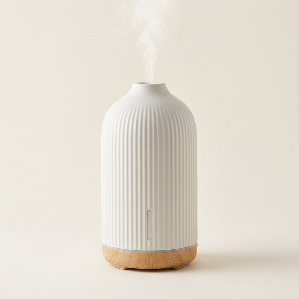 The Nightfall Humidifier, a tall ribbed ceramic-white unit with a pale wood base ring and a fine plume of cool mist rising from the top
