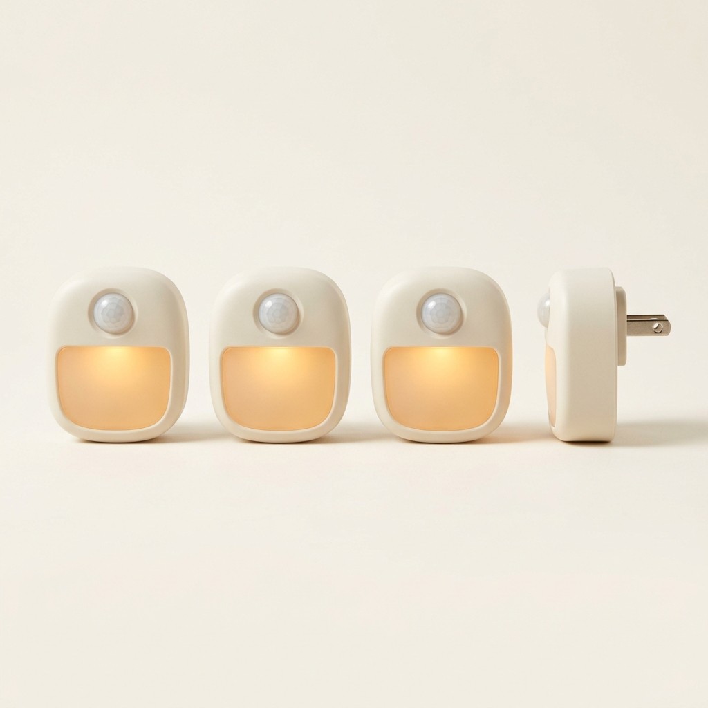 Four small plug-in motion-sensor night lights in a row, with rounded warm-white housings and a frosted amber-glowing front panel