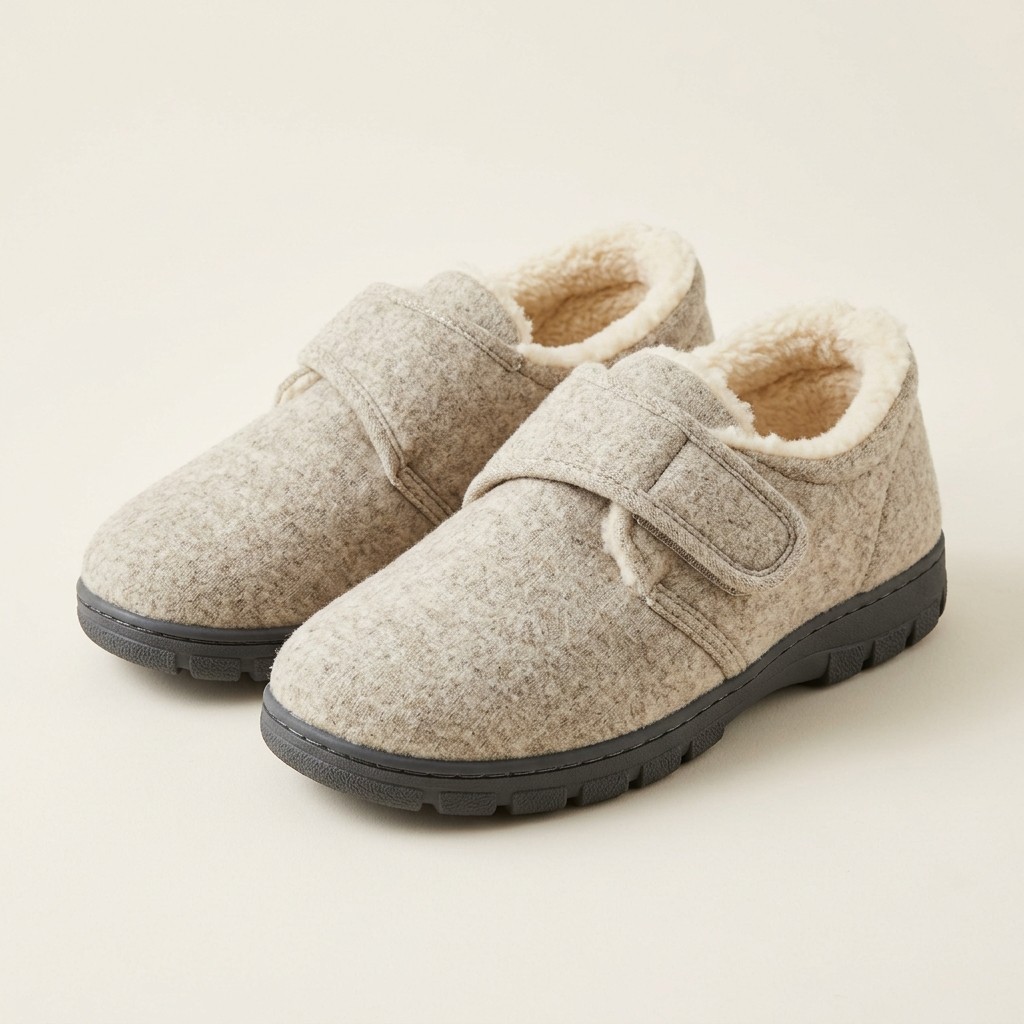A pair of Sure Step Slippers in heathered oatmeal fabric with cream shearling lining, an adjustable strap and a thick charcoal rubber outsole